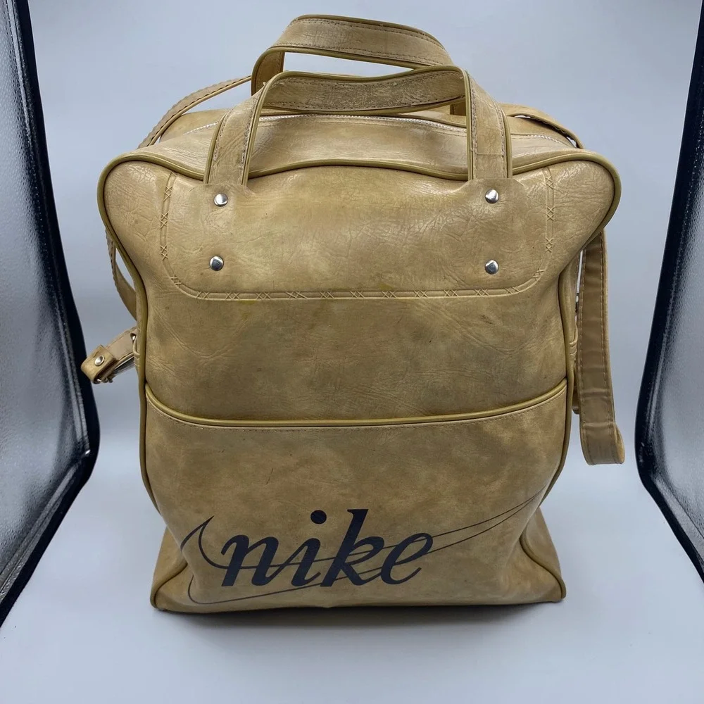 Vintage Nike Large Duffel Bag Tan Faux Leather Retro Sport Travel PDX Collect Y2